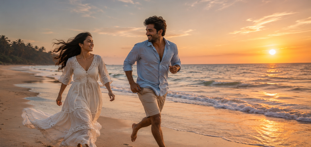 Couple in relaxed casual beachwear running along the shore at sunset