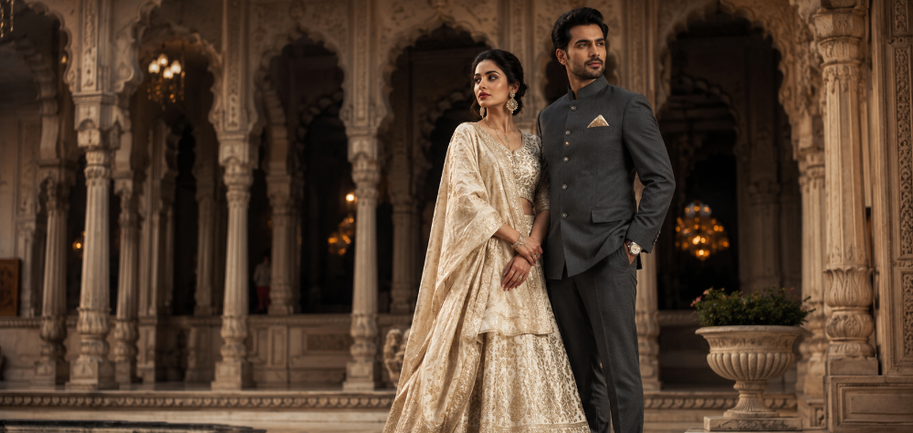 Couple in formal Indian ethnic wear posing in a historic palace courtyard