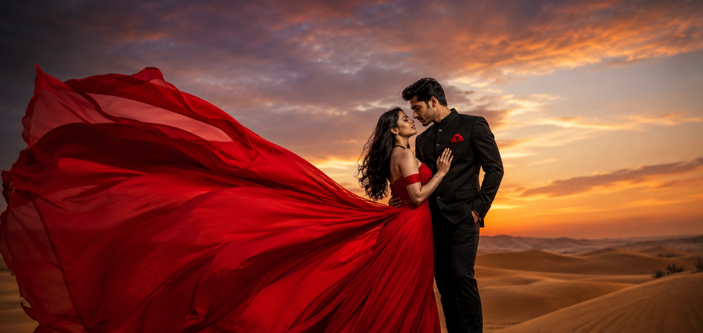  Couple in a sweeping red gown and black suit posing in a desert at dusk