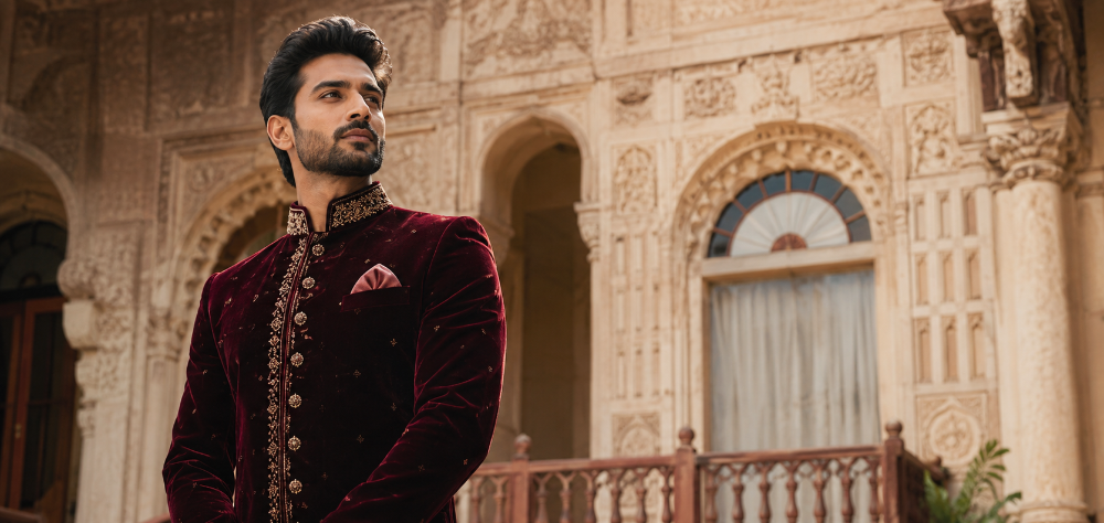 Confident Indian groom wearing a perfectly tailored maroon velvet sherwani