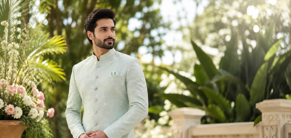 Indian groom wearing a modern pastel mint-green sherwani in an outdoor garden setting