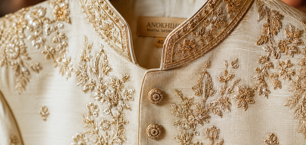 up detail of intricate gold zari embroidery on a premium rented ivory sherwani