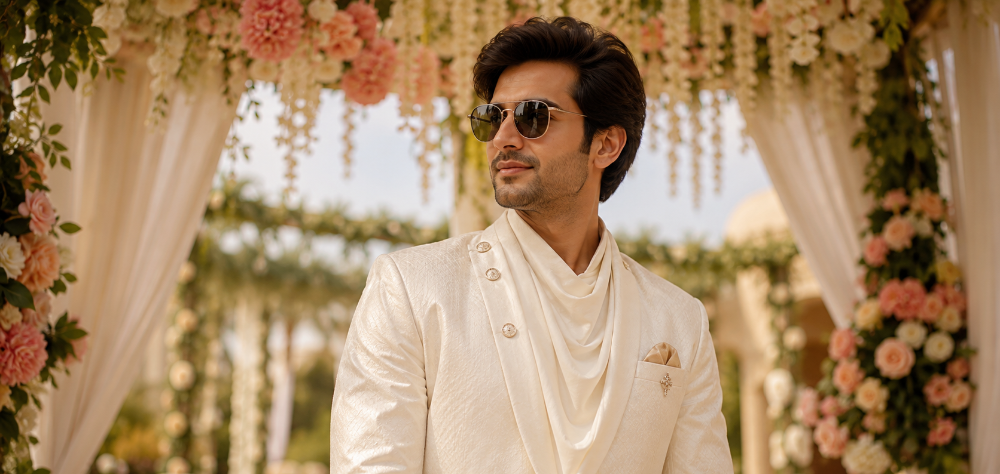  Indian groom in an ivory Chanderi silk Indo-western outfit at a summer wedding