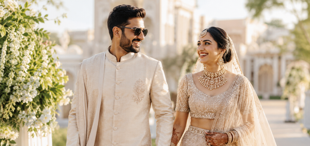 Indian groom in a lightweight beige linen sherwani and sunglasses walking with his bride