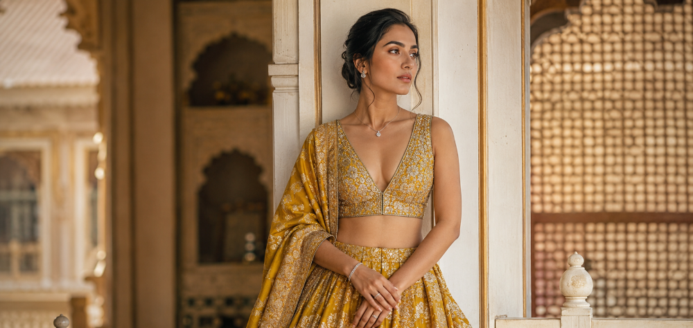 Modern bride wearing a traditional mustard Banarasi lehenga skirt with a contemporary blouse