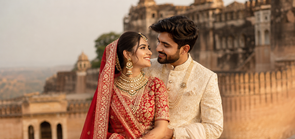 Bride in a red rented Banarasi silk lehenga smiling with her groom at a historic fort