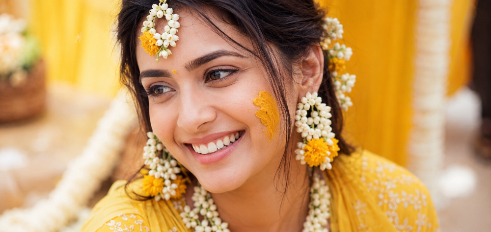 Close up of a smiling Indian bride in a soft yellow lehenga with floral jewelry
