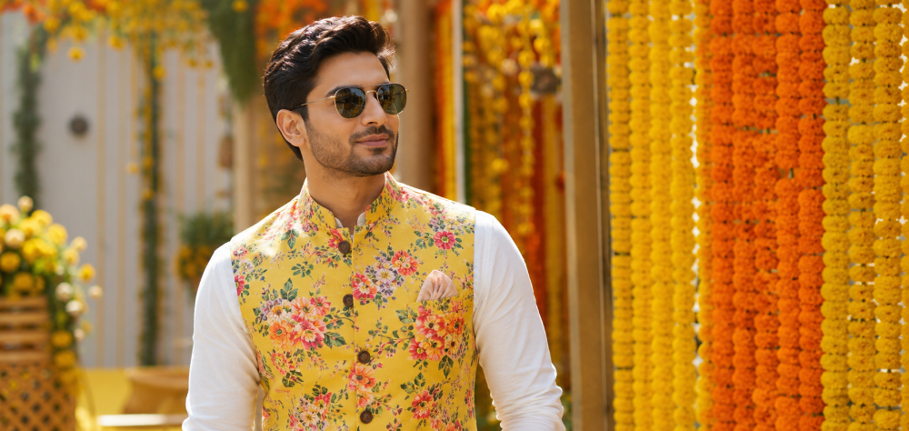 Alt Text to use: Indian groom wearing a white kurta with a yellow floral Nehru jacket at a Haldi ceremony