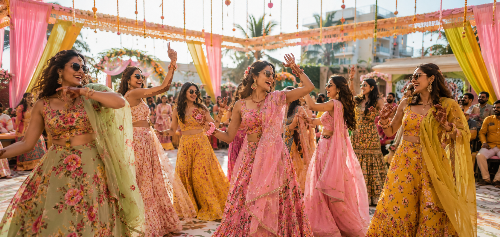 Female wedding guests dancing in colorful lehengas at an outdoor Mehndi ceremony