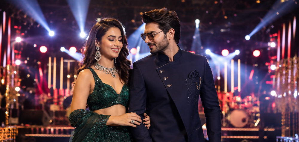 Male and female guests in glamorous evening wear at a Sangeet party