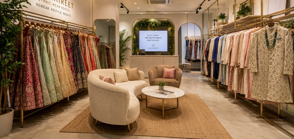 Luxurious ethnic wear rental boutique displaying designer lehengas and sherwanis