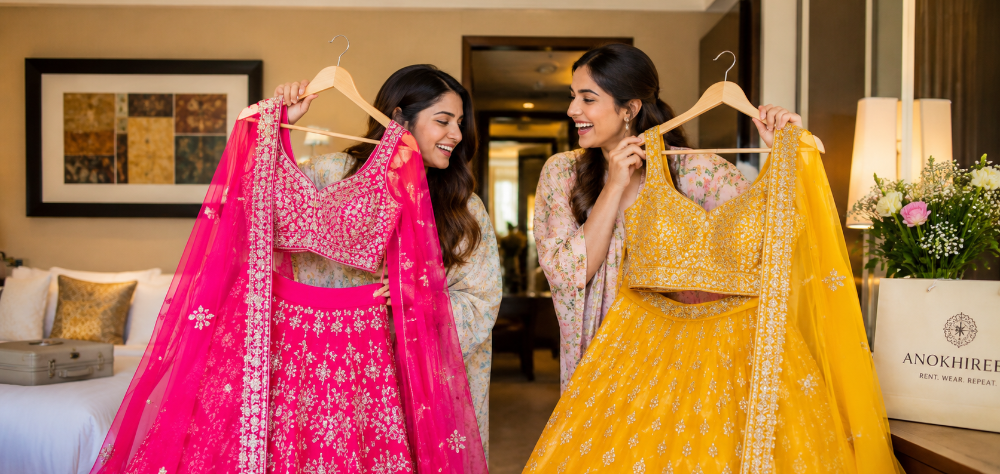 Two female friends excitedly holding up their beautiful rented lehengas in a hotel room
