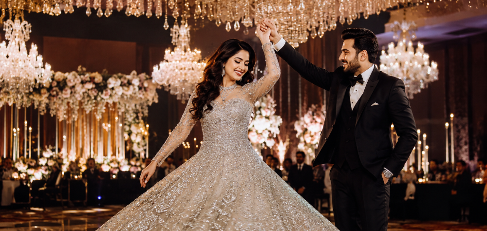 Indian bride wearing a heavy crystallized rented reception gown dancing with her husband