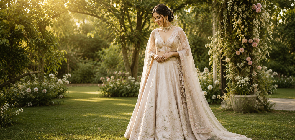 Beautiful Indian bride showcasing sustainable bridal fashion in a pastel handloom lehenga