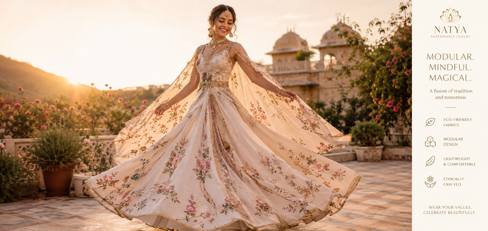 Modern bride wearing a versatile and modular ethnic gown for sustainable bridal fashion