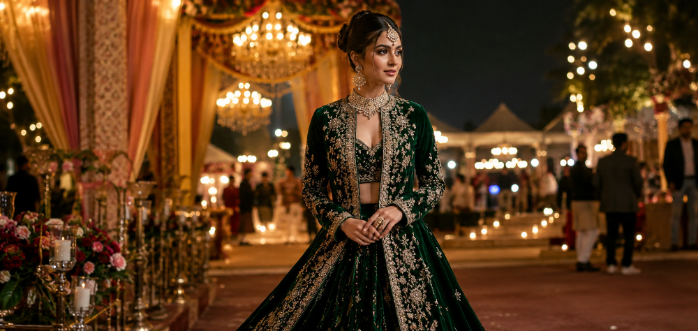 Woman demonstrating elegant rental lehenga styling with a velvet jacket at a winter wedding