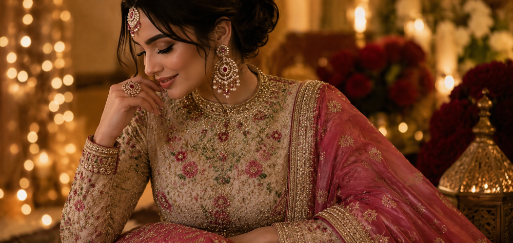 Close-up fashion editorial shot of a woman wearing a sophisticated full-sleeved, high-neck embroidered blouse paired with a heavy silk lehenga, warm glowing winter wedding lighting, luxurious and comfortable