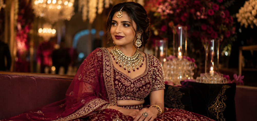 Detailed accessories and makeup enhancing the perfect rental lehenga styling