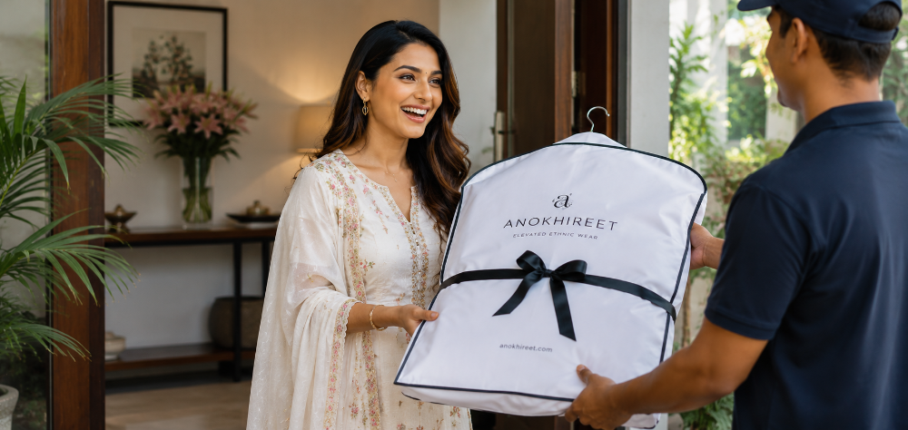 Happy customer receiving a beautifully packaged outfit from the best clothing rental platform