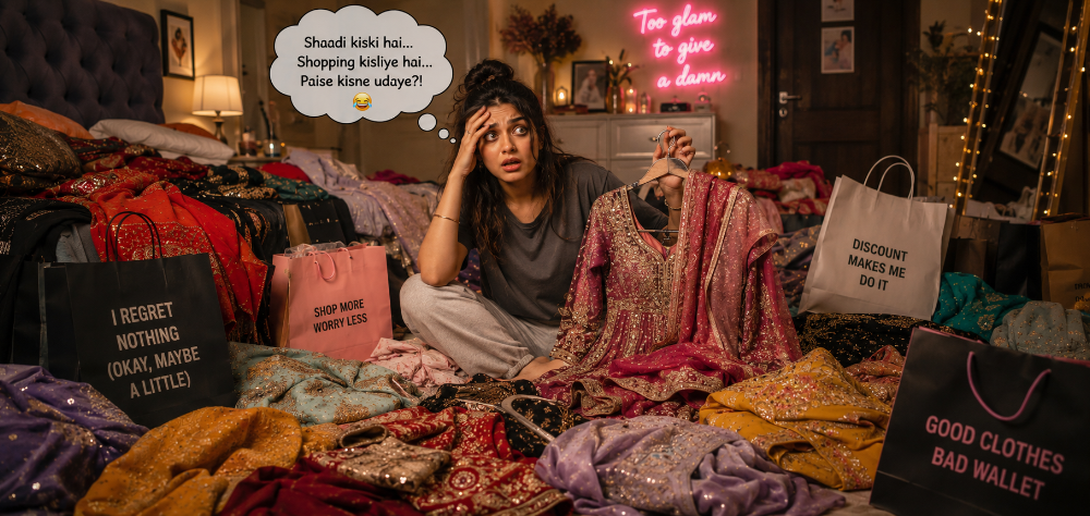 Overwhelmed woman desperately needing a wedding guest outfit rental solution