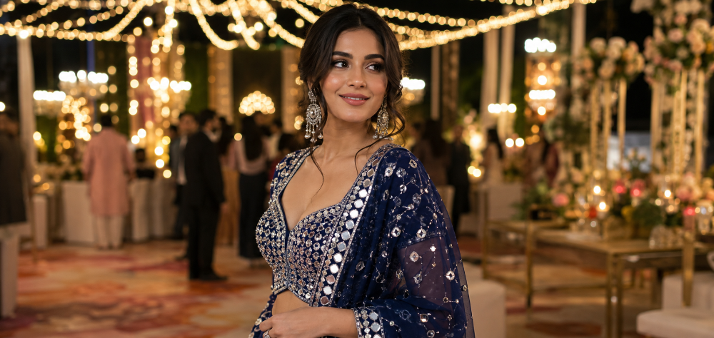A glamorous guest showcasing what to wear to an Indian wedding Sangeet night