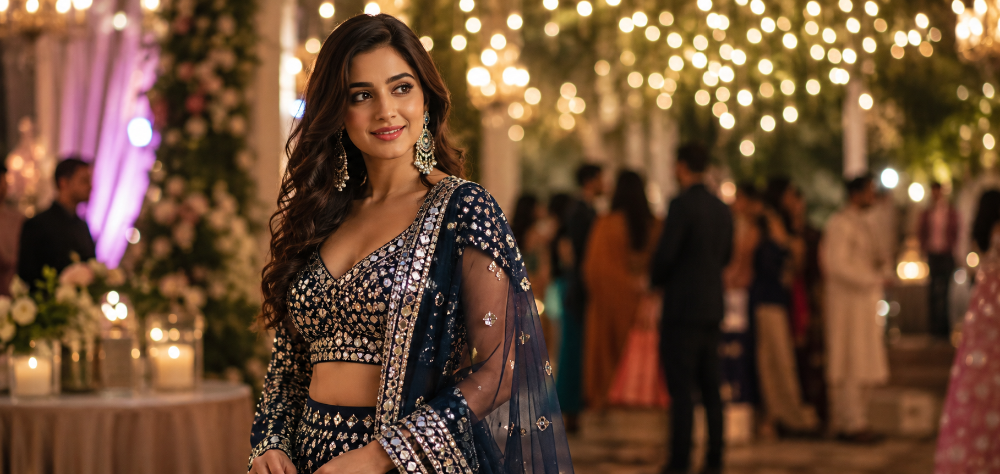 Sophisticated evening wear showing what to wear to an Indian wedding reception