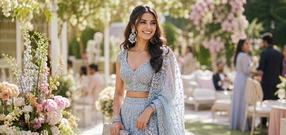 A stylish guest wearing powder blue, one of the trending bridal lehenga colors, A gorgeous wedding guest attending a summer garden wedding, wearing a stunning, heavily embellished powder blue ethnic outfit, smiling happily under the bright sun, high end editorial photography.