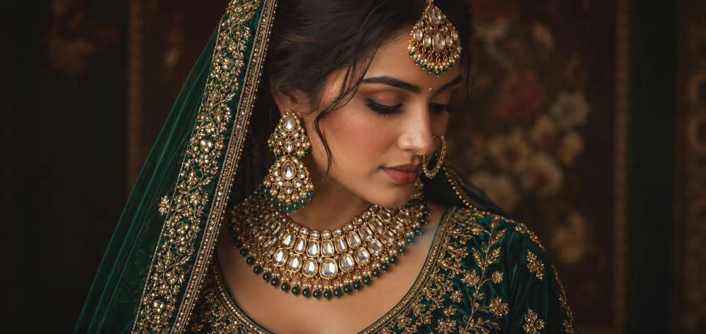 A regal bride wearing deep emerald, one of the most striking bridal lehenga colors, Close up fashion portrait of a bride wearing a rich, deep emerald green velvet lehenga with heavy traditional gold embroidery, wearing stunning uncut diamond Polki jewelry, moody and regal lighting.