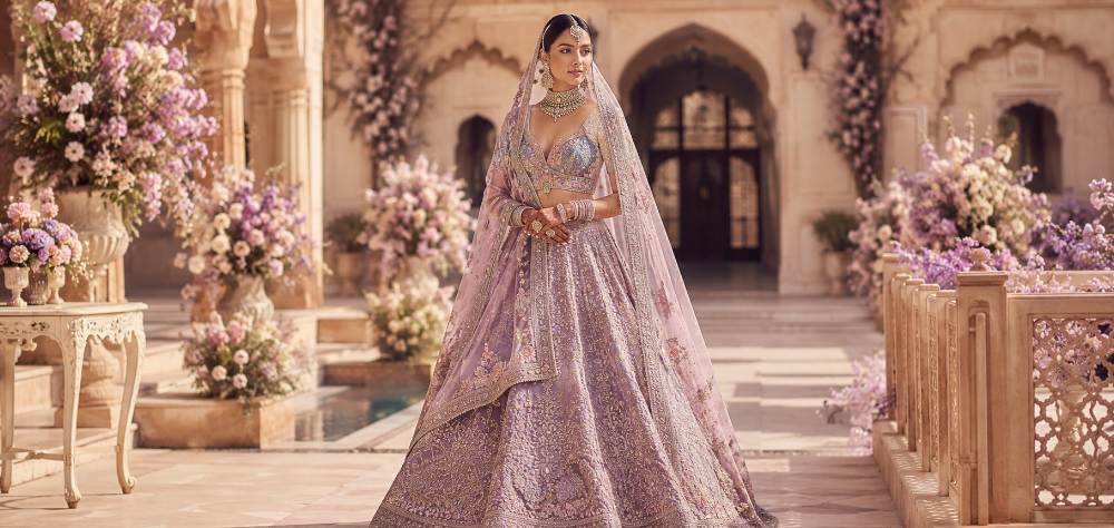 &nbsp;A bride showcasing dusty lavender, one of the top bridal lehenga colors, &nbsp;A stunningly beautiful Indian bride standing in a sunlit palace courtyard, wearing a breathtaking, heavily embroidered dusty lavender bridal lehenga, soft pastel floral decor in the background, cinematic 8k fashion photography.