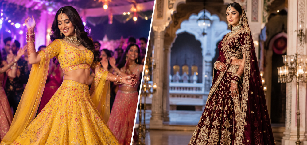 Split view of a woman wearing a yellow sangeet lehenga and a maroon bridal lehenga
