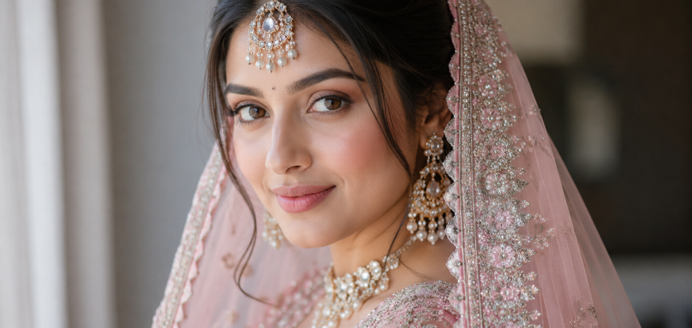 Close up of an Indian bride wearing a soft blush-pink pastel lehenga with silver embroidery