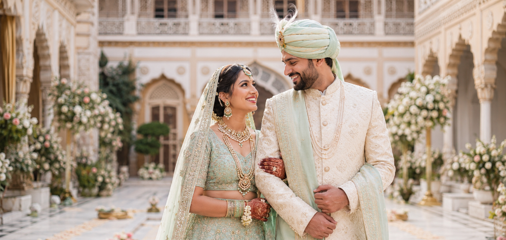 Indian bride in a mint lehenga and groom in an ivory sherwani smiling together